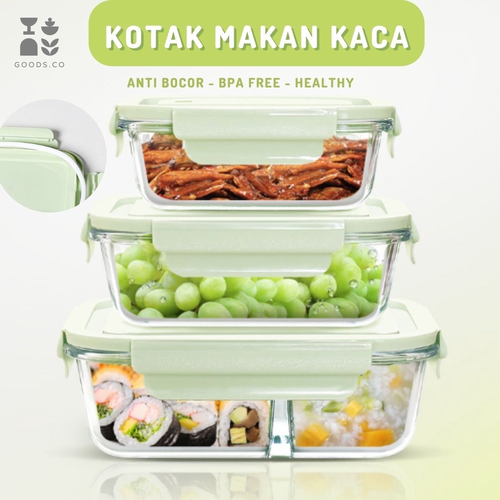 𝐆𝐨𝐨𝐝𝐬𝐂𝐨 Kotak Bekal Kaca Tempat Bekal Kaca Lunch Box Kaca Tempat Penyimpanan Makanan Anti Tumpah