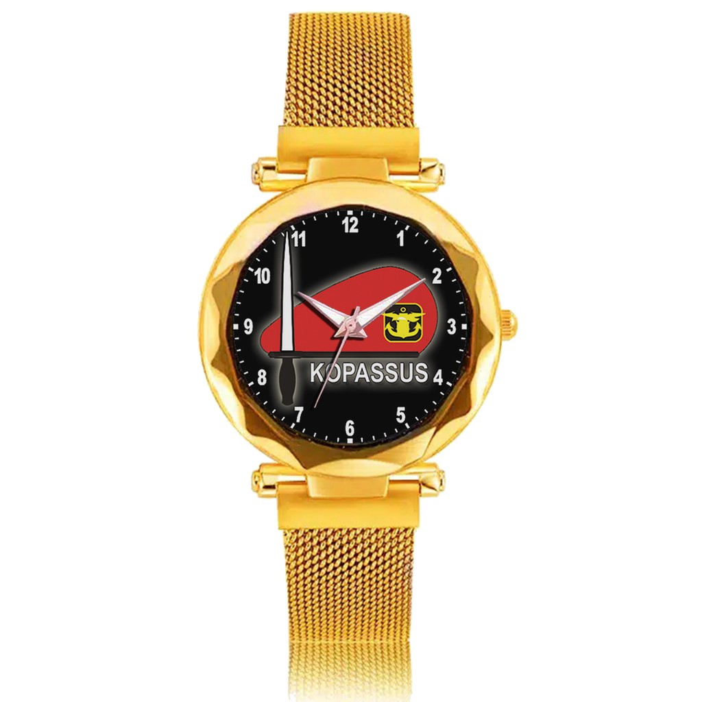 Jam Tangan Wanita Custom - KOPASSUS BAYGROUND HITAM  MOTIF 1 Free Box &amp; Batre Cadangan