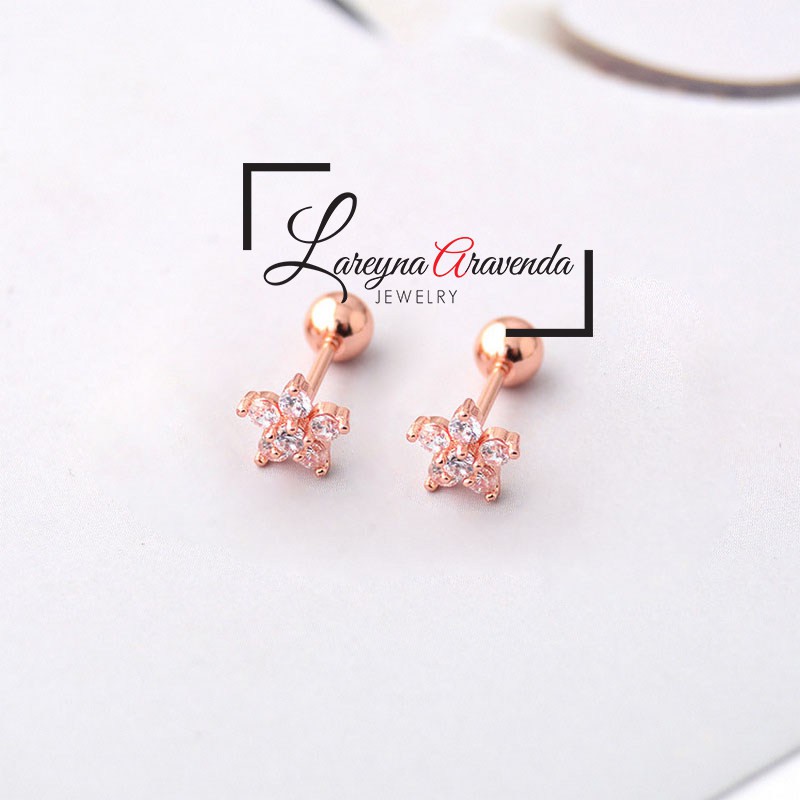 Anting Wanita Titanium Asli Bunga Crystal Kristal Zircon AAA ET004