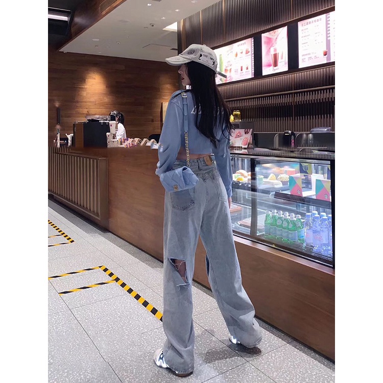 korean style new impor kualitas tinggi biru salju vintage pengait celana jeans panjang wanita sobek