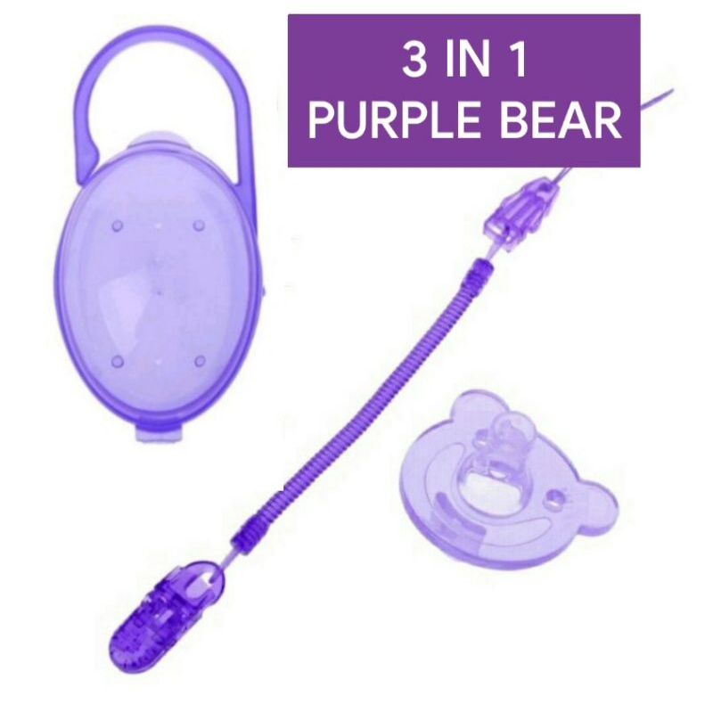 Dot Bayi Empeng Bayi Silikon 3 in 1 set orthodontics bpa free Dot Empeng Bayi Silikon with box and chain-3 IN 1 PURPLE BEAR