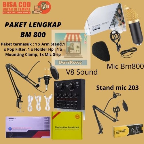 Mikrofon Condenser BM800 Full Set Paket Recording Condenser Adjustable Desktop Stand + V8 SOUNDCARD 