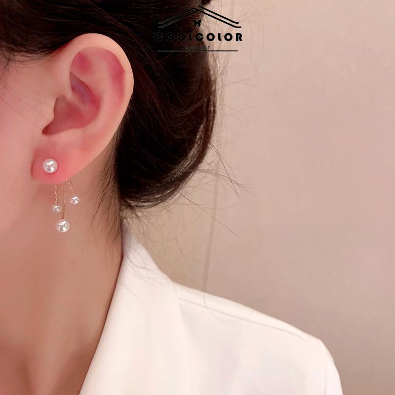 COD Anting Pearl Back Hanging Silver Needle Earrings Temperamen All-Match Anting Wanita Halus- cl