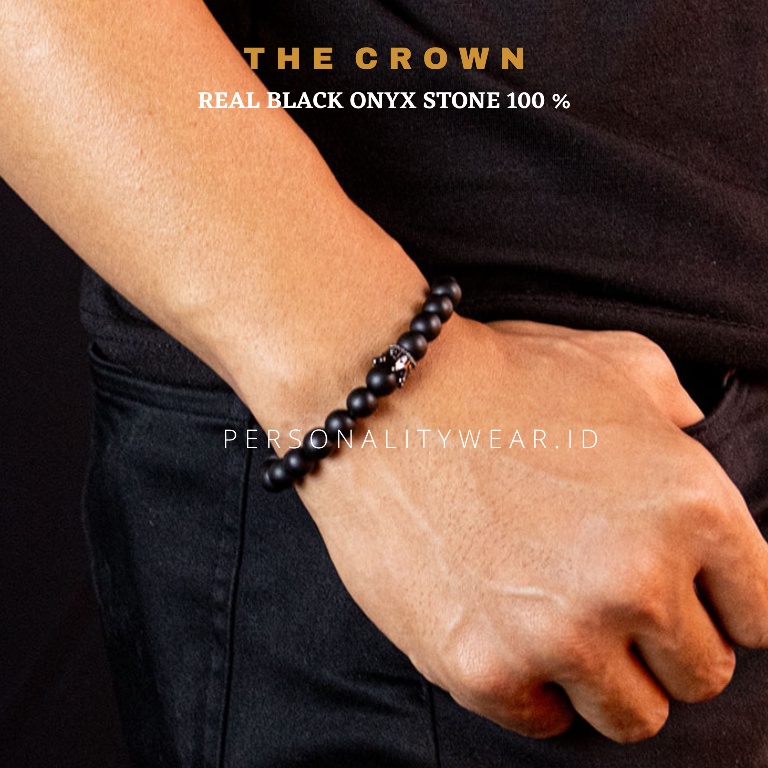 Gelang Pria Wanita Hitam Keren Kekinian Batu Black Onyx Crown