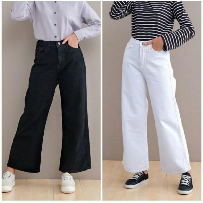 Celana kulot jeans wanita putih jins denim highwaist murah cewek cewe cullote cutbray Korean style