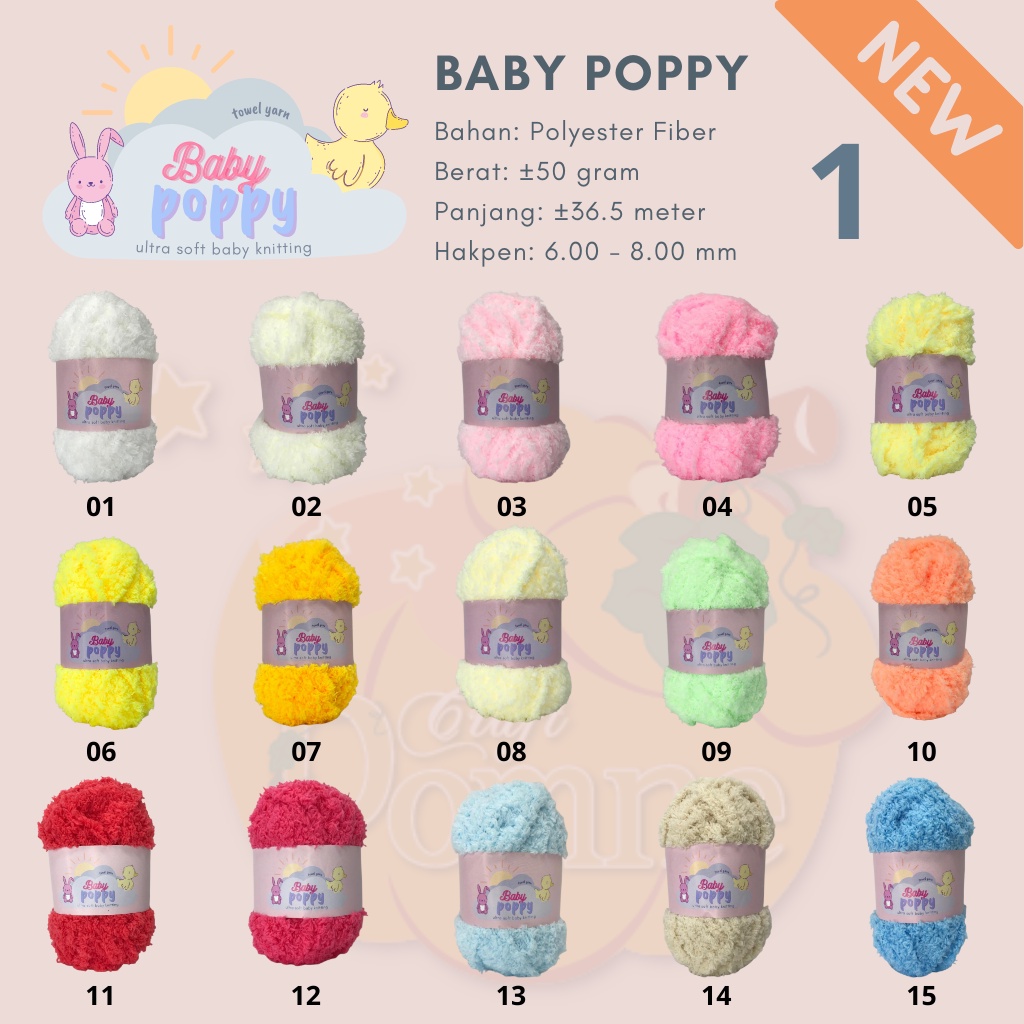 GROSIR BABY POPPY - TOWEL YARN - BENANG RAJUT HANDUK BULU HALUS LEMBUT - MIN 10 GULUNG