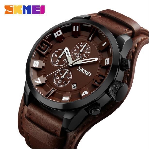 Jam Tangan Pria / Analog Date / SKMEI 9165 Leather Chrono aktif / Jam Analog Date SKMEI Original