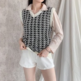 pojoksweater.id - Korean Vest Houndstooth V Neck Kualitas Terbaik