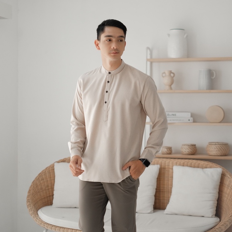 Baju Muslim Koko Qurta Pria Lengan Panjang Coklat Susu - Cokelat Susu,