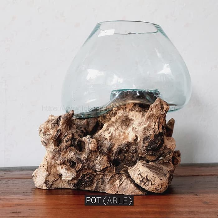 Glass on Wood Vase - Size L / Vas Kaca / Terrarium / Vas Anggrek