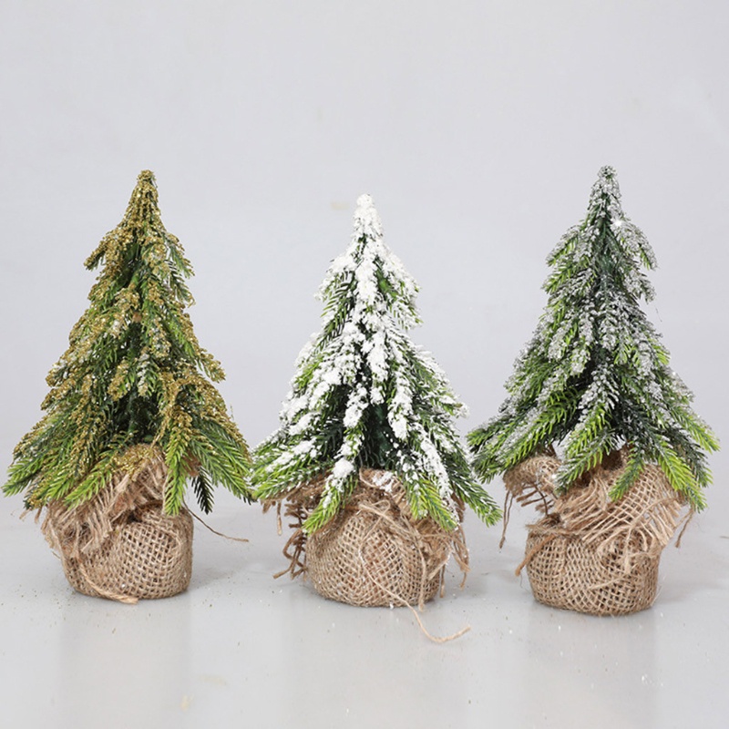 Miniatur Pohon Natal Salju Dengan Goni Untuk Dekorasi Meja