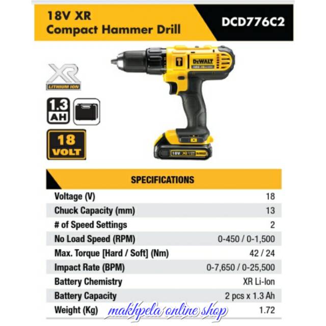 DEWALT DCD776C2-B1 DCD776C2 Hammer Drill 18V Li-Ion Hammer Drill 1.3Ah