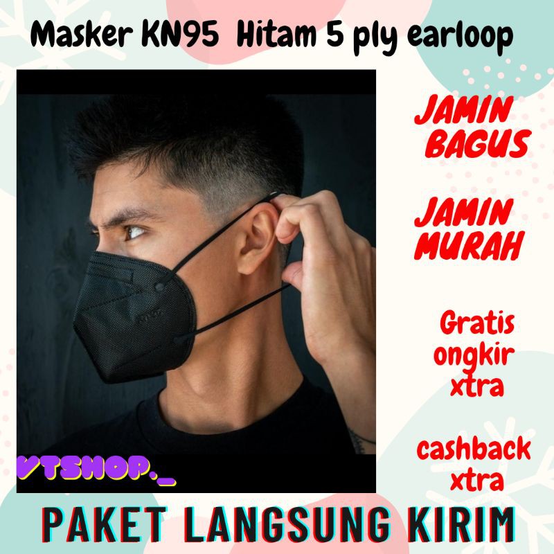 Masker Kn95 Kn 95 Black Hitam Premium 5Ply 5 ply Earloop Keholl
