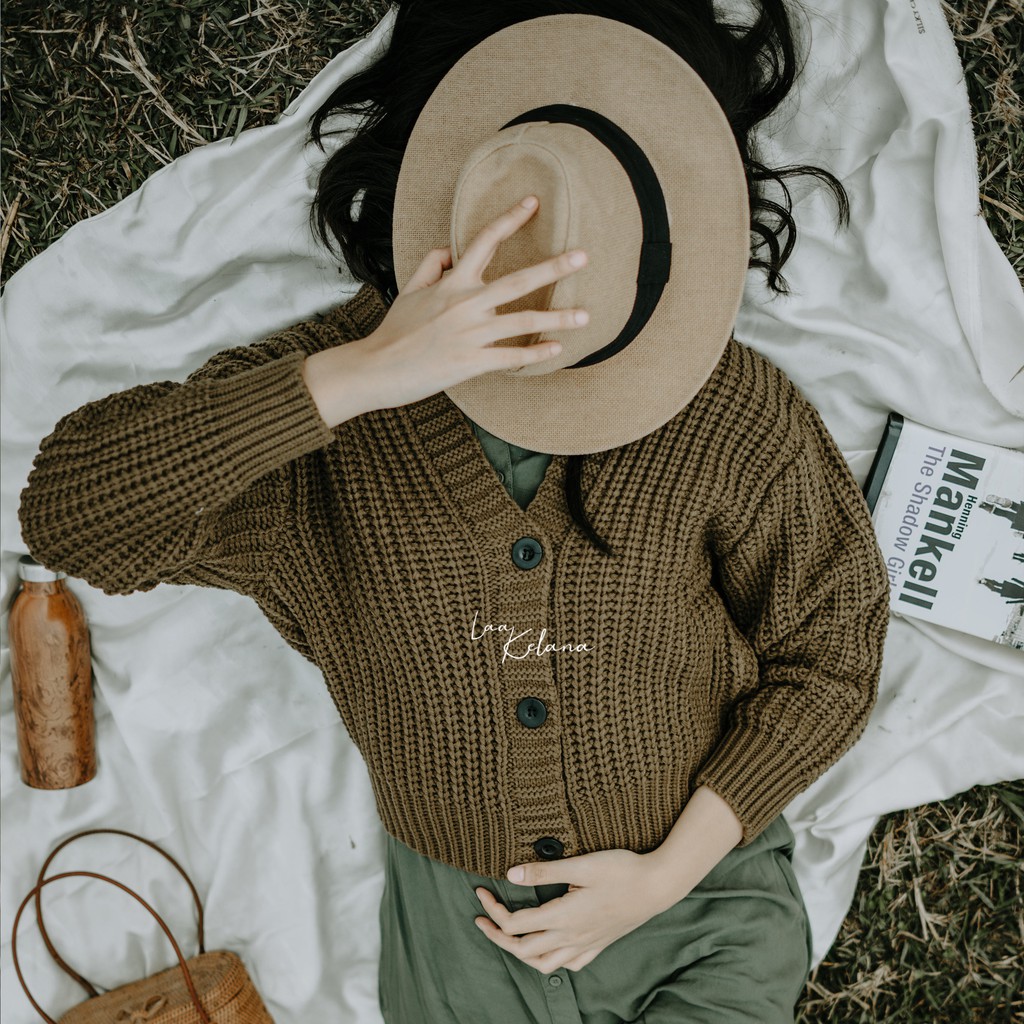 CARDIGAN CROP TOP RAJUT KARDIGAN SUPER PREMIUM TEBAL RAJUT WANITA LUNA CHOCO LAAKELANA