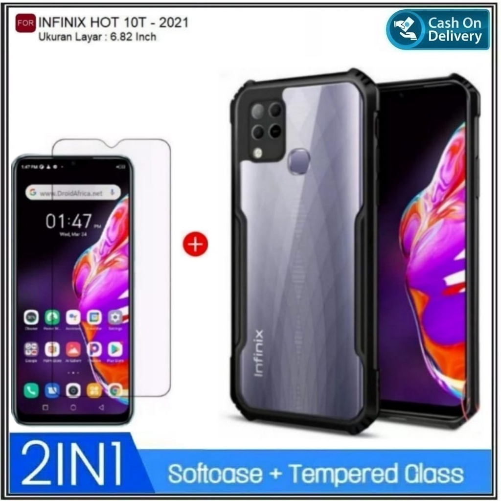 PAKET 2IN1 Case Infinix Hot 10T Hard Soft Fusion Armor Shockprooft TPU HD Trasnparan Acrylic Casing HP Cover Free Tempered Glass Clear DI HANYCASE