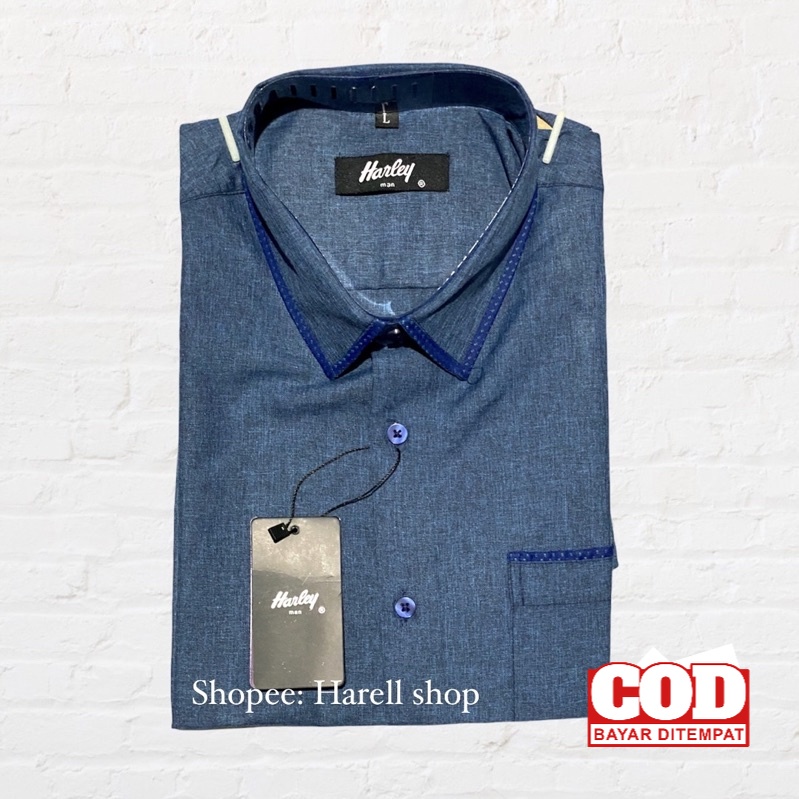 Bukn Alisan Kemeja Harley warna biru denim tangan pendek Flannel Murah Kemeja Koko pria lengan panja