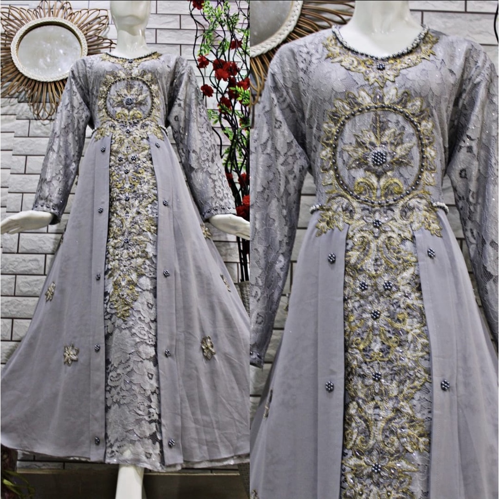 (COD) GAMIS PREMIUM KHANZA BRUKAT BORDIR LANGSUNG MIX PAYET BAJU PESTA BAJU MEWAH BAJU ELEGAN GAMIS 
