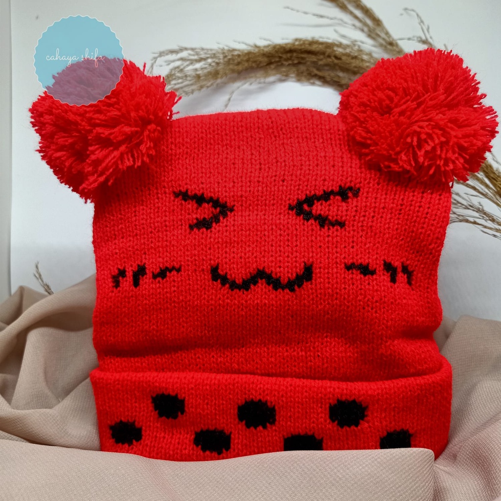 KUPLUK TOPI BAYI BOBA SMILE POMPOM / KUPLUK BAYI BOBA SMILE UNISEX