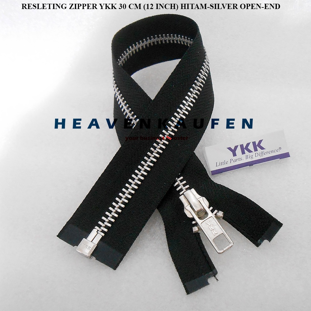 Resleting Zipper YKK 30 cm Atau 12 inch Hitam Silver Open End Buka Lepas Type Gigi Besi Metal