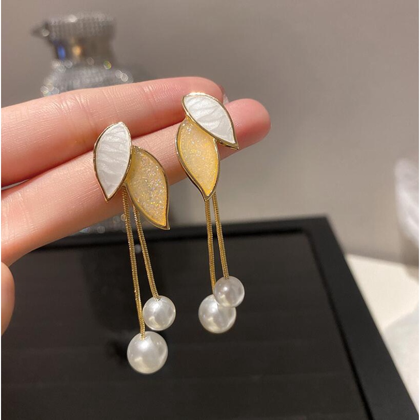 925 jarum perak Korea Dongdaemun Pearl daun rumbai anting-anting drop minyak anting-anting panjang a