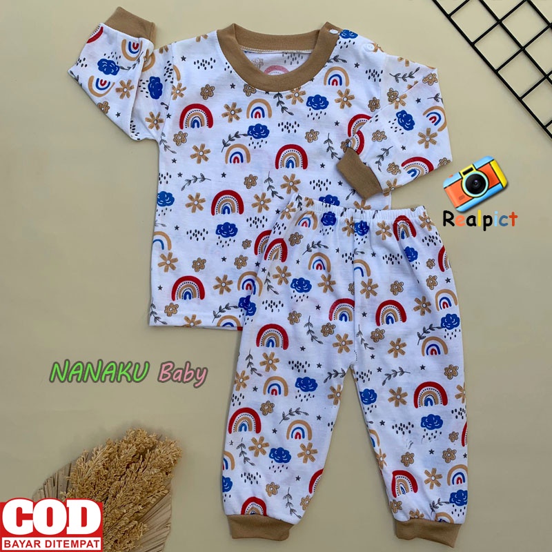 Setelan Baju Bayi Setelan Piyama Bayi Lengan Panjang Kancing Bahu Usia 3-12 Bulan Anababy