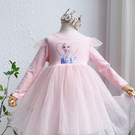 Elsa Princess Dress Frozen Anak Perempuan Musim Gugur dan Musim Dingin Katun Lengan Panjang Star Mesh Dress