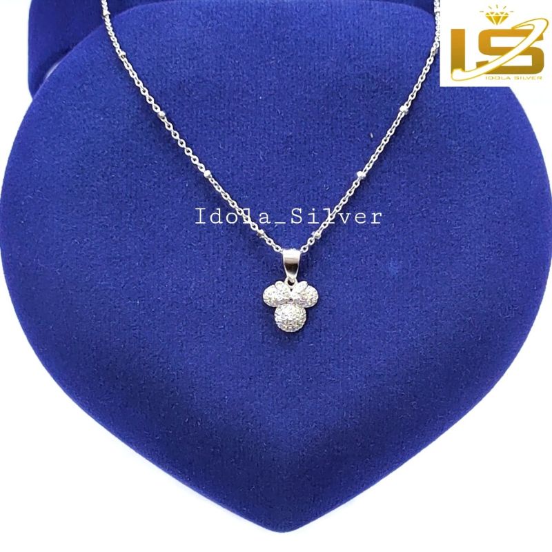 KALUNG PERAK ANAK ASLI SILVER WANITA 925 LAPIS EMAS PUTIH MODEL LIONTIN MICKEY PERMATA FULL PUTIH PITA - PERHIASAN PERAK ANAK ASLI