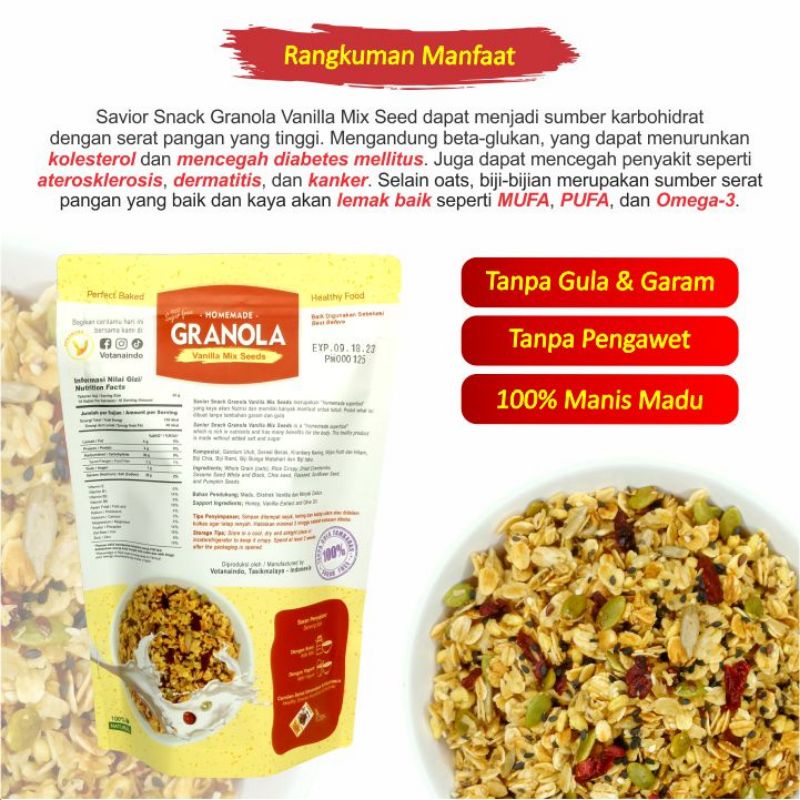 GRANOLA VANILA MIX SEEDS 120g - CEMILAN MAKANAN SEHAT SARAPAN BERGIZI TINGGI NUTRISI BAHAN ORGANIK ALAMI TANPA PENGAWET - HIGH QUALITY - SAVIOR SNACK - GRANOLA  SWEET HONEY