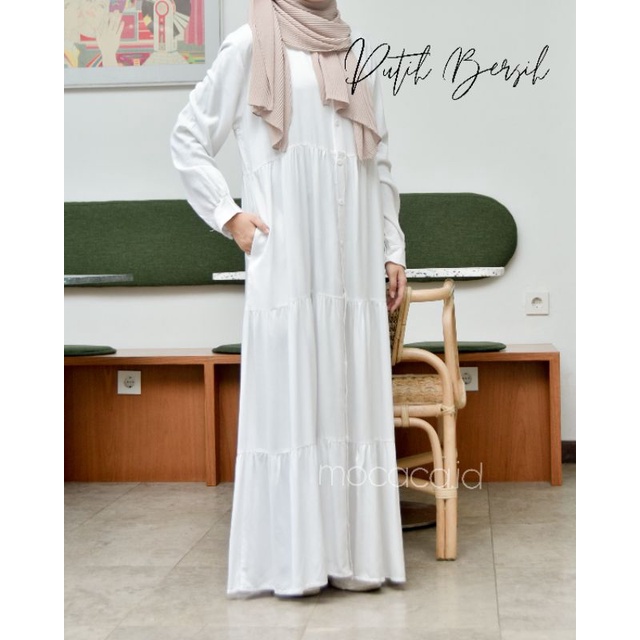 Dress Polos Putih bersih katun rayon twill model rufle babydoll susun ootd hijab busui kancing