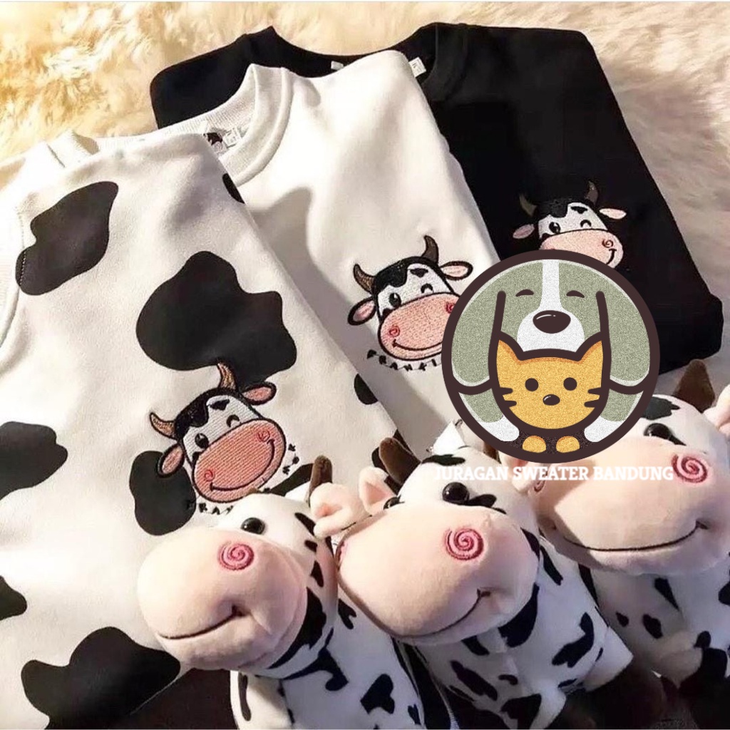 BORDIR COW MOTIF SAPI LUCU Sweater Crewneck Wanita Oversize Fashion Outfit Mewah Korean Style Ootd K