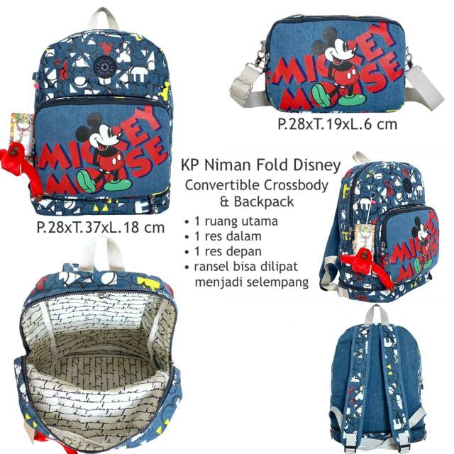 Tas Kipling Niman Fold Disney Mickey Mouse Ransel Bisa Jadi Selempang