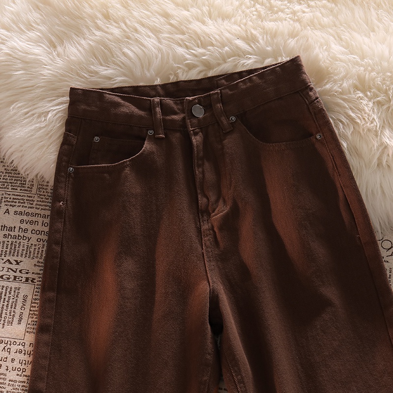 New Celana Jeans Longgar Wanita Pinggang Tinggi Coklat / Puith Korea Baru