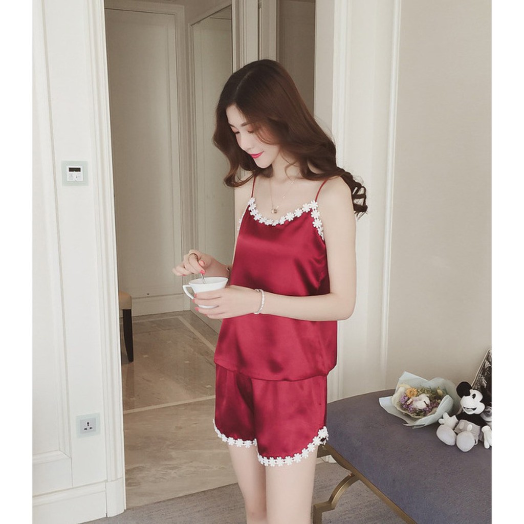 Baju Tidur Satin TANKTOP SET (Baju + Celana) Pakaian Wanita Women Silk Korea Fashion Piyama