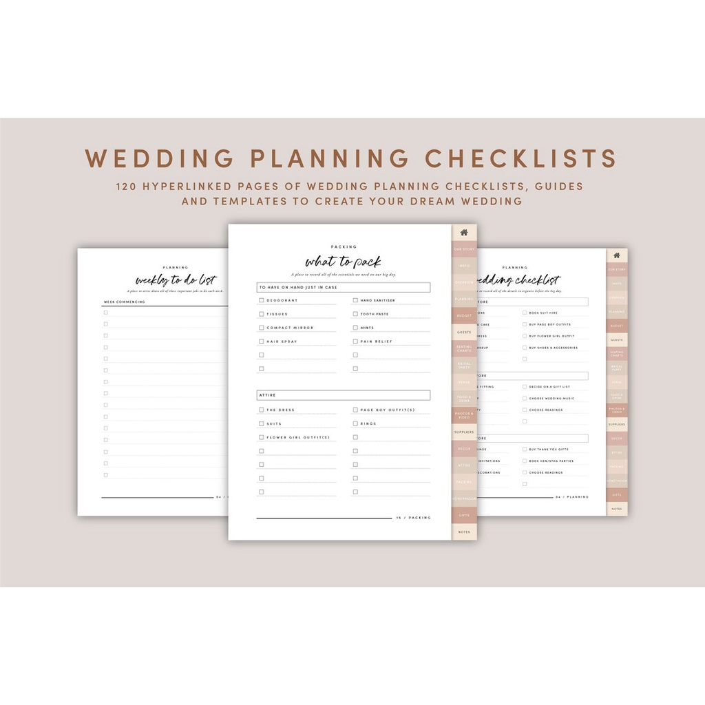 Digital Journal &amp; Planner - Wedding Checklist &amp; To Do List Kit for Goodnotes, Notability, Xodo (Full Page &amp; Tab Hyperlinked)