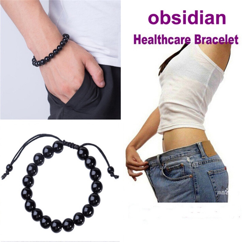 (LUCKID) Gelang Tangan Batu Obsidian Bulat Untuk Kesehatan / Menurunkan Berat Badan