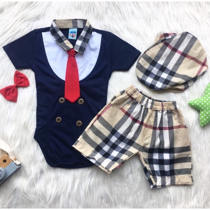 Baju setelan jumper dasi kupu-kupu free topi bahan adem babyboy bayi laki-laki lucu murah -lux