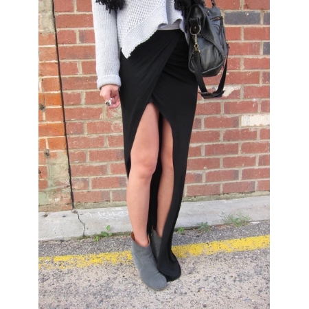 HELLO PARRY Black Ruche Split Jersey Maxi Skirt