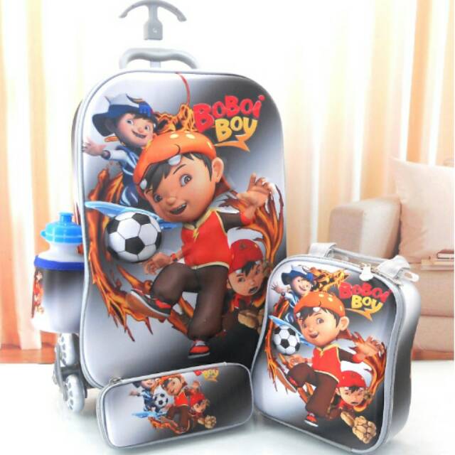 Tas Sekolah Anak SD Kids Trolley School Bag Troly Import 3D 4in1 Set 6 Roda Motif Boboiboy Timbul