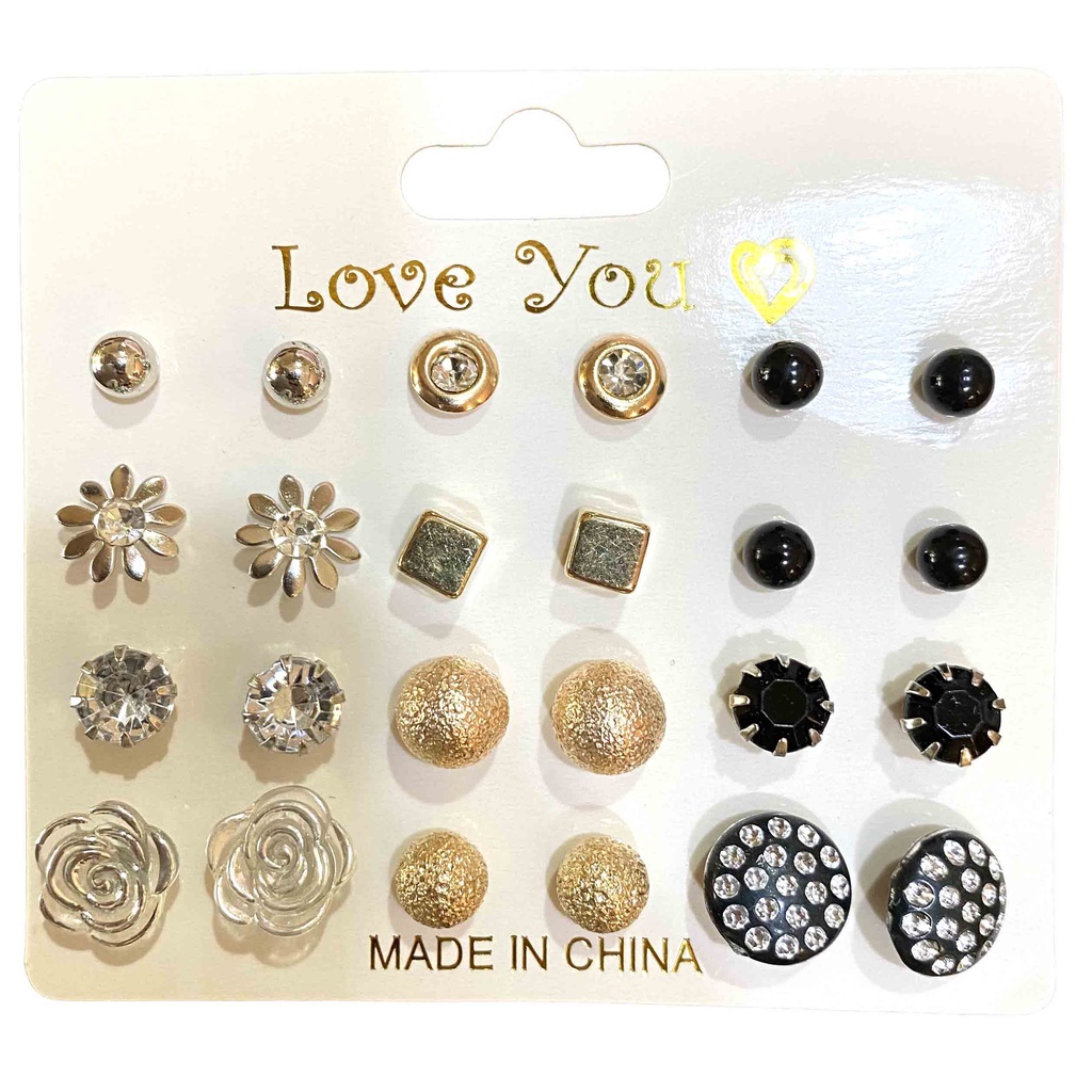 ⭐COD 12 Pasang Anting Set Tusuk Model Mutiara Intan Bentuk Bulat Gaya Korea Untuk Wanita Dalika-C-3