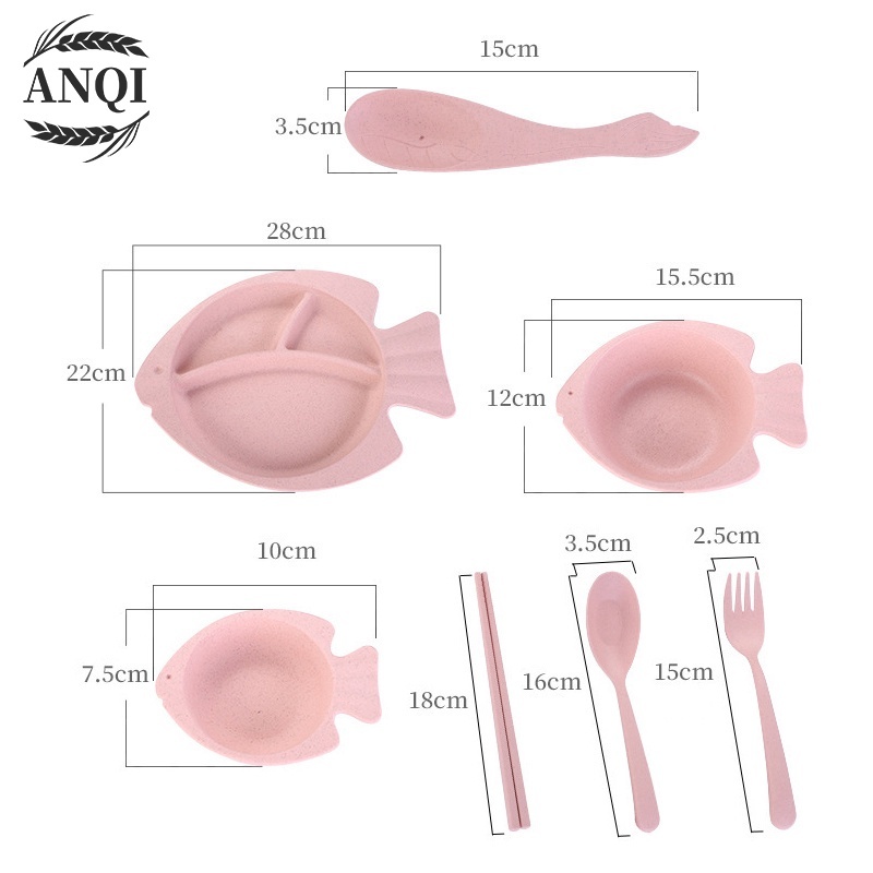 ANQI 1888 Piring 7 IN 1 Anak Piring Makan lucu Karakter Ikan Piring Makan Saji  Ramah Lingkungan  Biodegradable