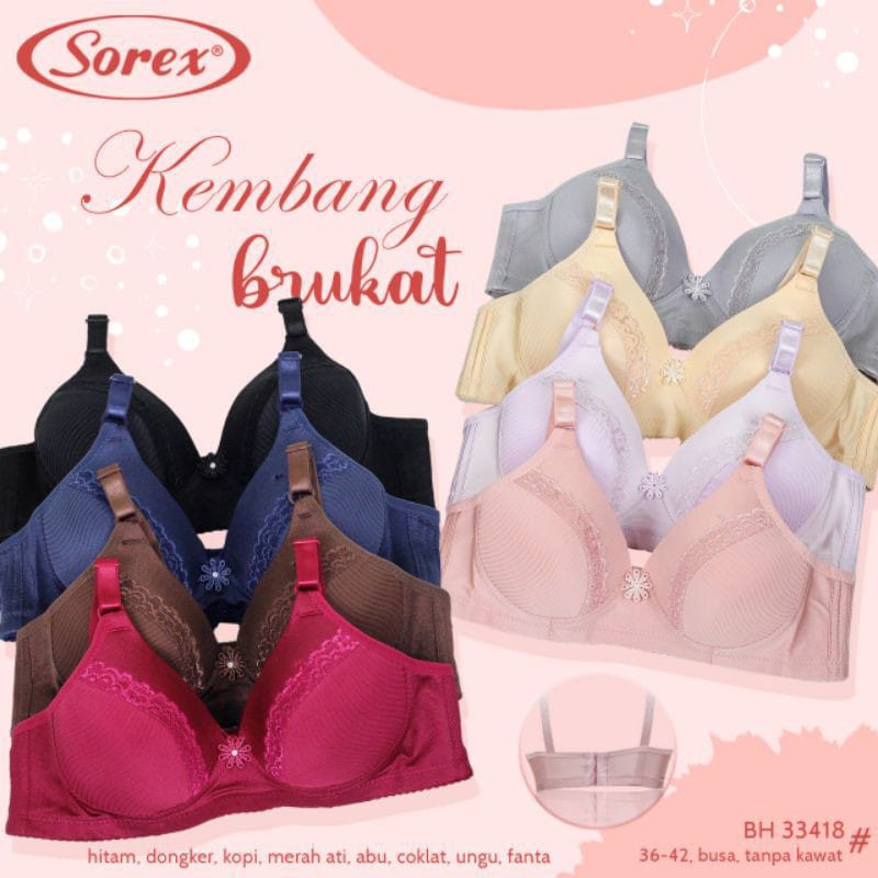 BH Sorex Bra Busa Tipis Tanpa Kawat Kait 3 Setara Cup B Kembang Brukat Bra Harian Lembut Art 33418