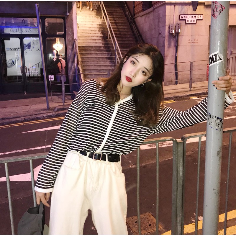 xiaozhainv Eksklusif  V neck Longgar Hitam  dan putih  Garis  