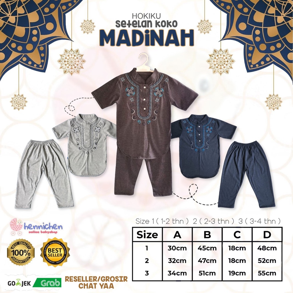 HOKIKU SETELAN BAJU MUSLIM ANAK LAKI-LAKI KOKO MADINAH ADAM SET ANAK LAKI LAKI PAKAIAN MUSLIM SET BAJU LEBARAN PENDEK CELANA PANJANG ANAK 1 - 4 TAHUN