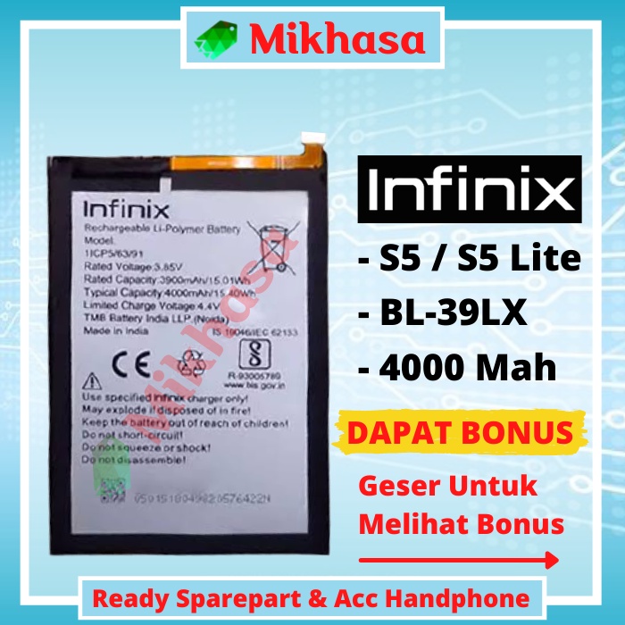 Baterai Infinix S5 / S5 lite Battery Batre Batrei Batrai Batterai Battre Batere Handphone Infinix S5 / S5 Lite X652 X652B X652C BL-39LX 4000 Mah Ori