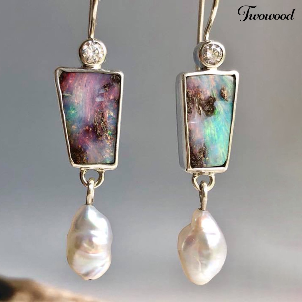 Twowood 1 Pair Women Drop Earrings Colorful Faux Stone Faux Pearl Exquisite Rhinestone Shiny Hook Earrings for Daily Wear