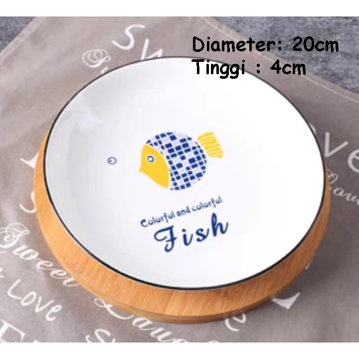 Piring Keramik Korea Motif Nanas/Strawberry/Pohon/Bunga Rose Pink Variasi 20cm-PRGMOTIF- 1 IKAN20CM