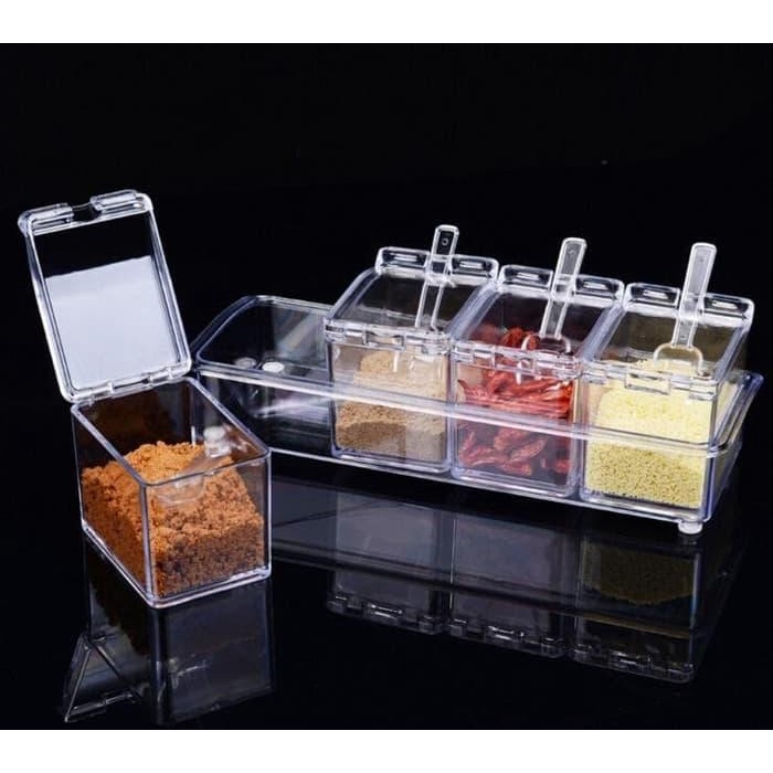 DFANCCIE ACRYLIC Tempat Garam Gula Merica 4in1 / Rak Tempat Bumbu Dapur Kotak