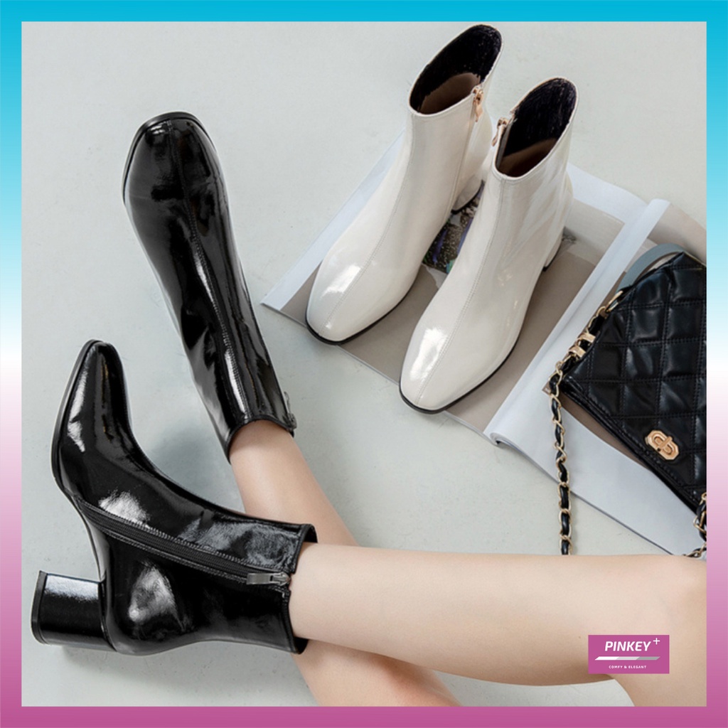 ✅PINKEY P042 SEPATU GLOSSY HEELS BOOTS WANITA KOREA