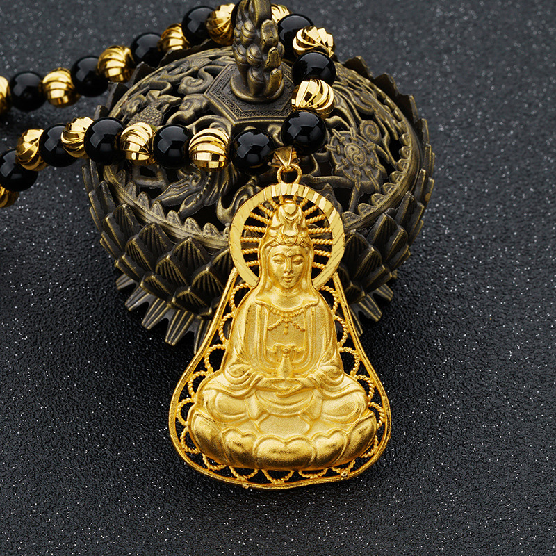 Kalung Rantai Emas Asli Kadar 375 Liontin Guanyin Bodhisattva Gaya Etnik Untuk Aksesoris Pria