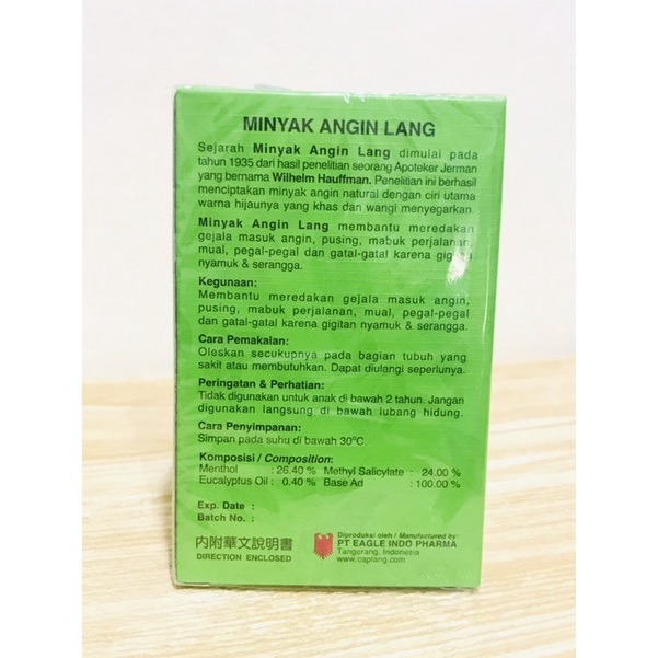 Minyak Angin Cap Lang 6ml|Meredakan pusing|Masuk Angin|gatal gigitan serangga|Mabuk perjalanan